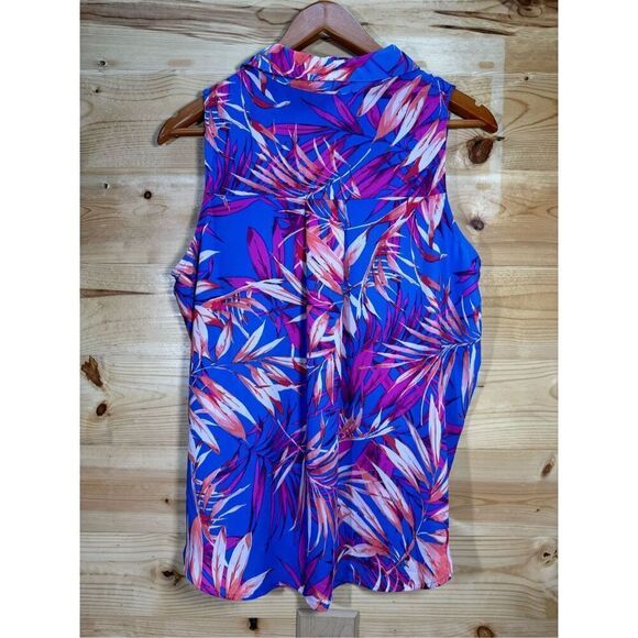 Floral & Ivy Women's Size Medium Blue Tropical Floral Print Sleeveless Button Do - Picture 6 of 11